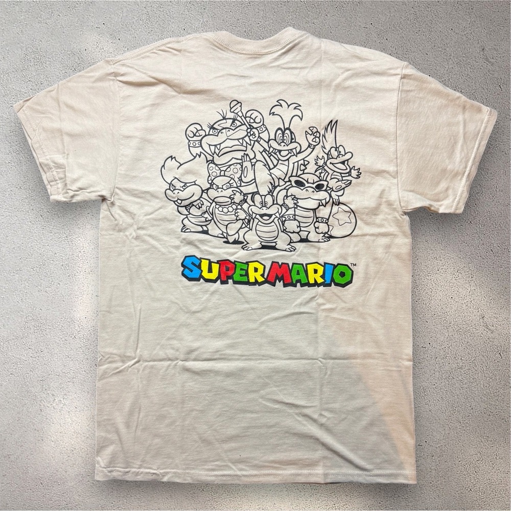Super Mario Mens T-Shirt Medium Tan Koopalings Back Graphic Nintendo Mad Engine